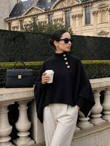 NOVELLE 女款優雅半高領鈕扣針織披肩毛衣，寬鬆大尺寸落肩披肩上衣，適合秋冬 - 黑色 - 查看 3