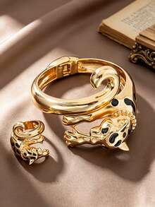 Letingsha Leopard Print Bracelet And Open Ring Set, Gold-Plated Black Enamel Spotted 3D Animal Design, Adjustable Fashion Jewelry Set, Suitable For Women's Banquet, Party And Daily Wear - Yellow Gold - View 2