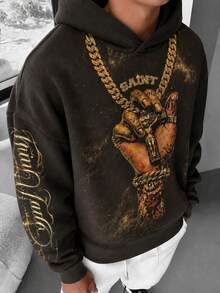 FRACTYR Men's Vintage Sweatshirt, Tattoo Palm & SAINT Gold Chain Print, Hip-Hop Street Style Tattoo Palm Print Sweatshirt - Black - View 2