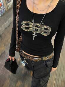 New Spring/Autumn Short Long Sleeve T-Shirt Women Y2K Generation Fun Design Camouflage Print Korean Style U-Neck Versatile Casual Slim Fit Top - Black - View 4