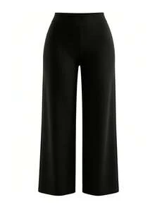 Plus Size Women's Solid Color Elastic Waist Flare Casual Long Pants - Black - View 11