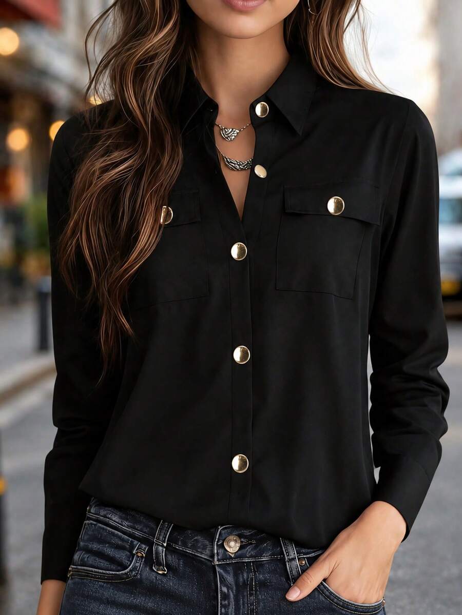 New Fashion All-Season Women's Long Sleeve Button-Up Shirt With Decorative Pockets, Black - Black - View 1