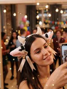 Plush Cow Ear Headband With Bell And Bow Ribbon, Anime Lolita Style Animal Party Cosplay Costume Accessory - Black and White - View 2