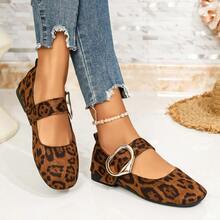 Women's Vintage Leopard Print Mary Jane Flats, Round Toe Heart-Shaped Buckle Strap Design, Lightweight Soft Sole, Versatile Casual Shoes - Leopard Print - View 2