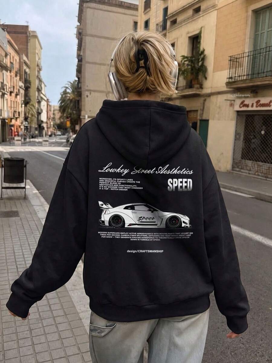 Women's Low-Key Street Style Car Print Sweatshirt, Long Sleeve Ribbed Knit Pullover Sweatshirt, Suitable For Streetwear And Casual Daily Wear - Black - View 1