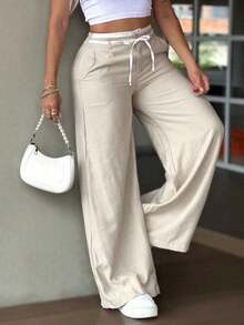 LUNNELUX Women Fall High Waist Drawstring Linen Wide Leg Pants, Elastic Waist Vacation Daily Trousers With Patch Pockets - White-gray - View 5