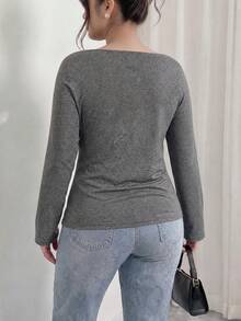 SF0216268468906 Women's One-Shoulder Long-Sleeve Short Top, Bodycon Stretchy Knitted Textured Fabric, Autumn-Winter Plus-Size Top. - Grey - View 5