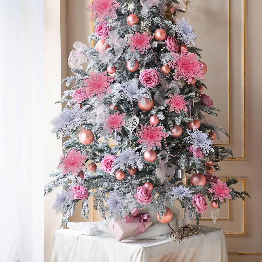 Glitter Red Flower 4 Inch Christmas Tree Decoration Christmas Decor - Pink - Multicolor - View 1