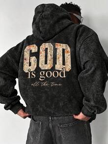 Men's Floral & Letter Print Hooded Sweatshirt, Loose Fit Washed Pullover Hoodie - Black - View 2