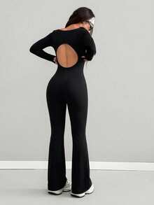 VENORA Women Square Neck Long Sleeve Jumpsuit, Back Cutout Flared Leg One‑Piece Outfit, High Stretch Bodycon Slim Fit Black Jumpsuit For Daily,Fall - Black - View 8