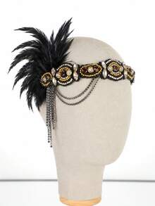 Women's 1920s Style Feather Headband, Beaded Rhinestone Hair Accessory, Chain Tassel Vintage Hair Hoop, Suitable For Wedding Party, Halloween Costume, Prom - Multicolor - View 2