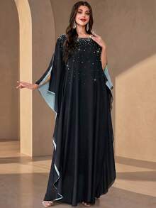 Elegant Women's Long Robe, Decorated With Pearls, Round Neck Batwing Short Sleeve, Long Woven Fabric Dress, Suitable For Formal Occasions - Black - View 2