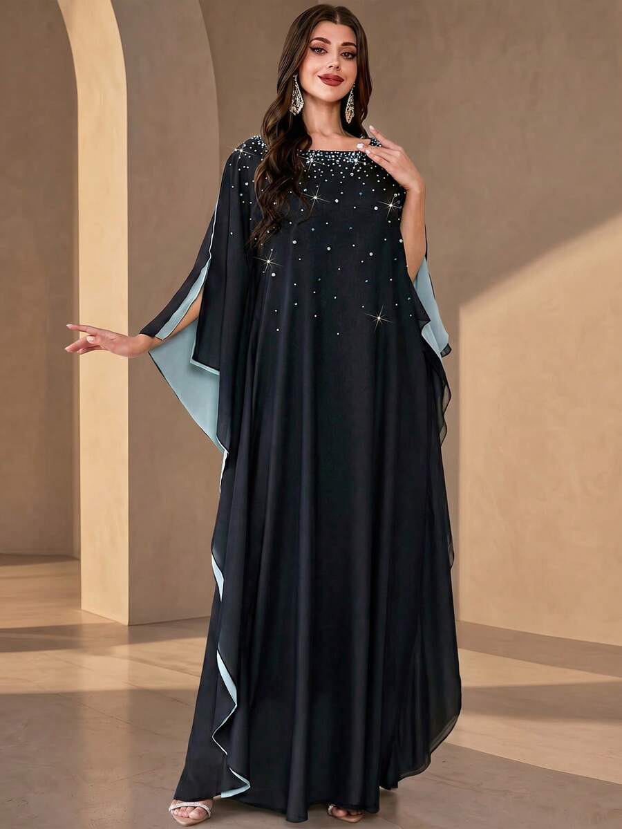 Elegant Women's Long Robe, Decorated With Pearls, Round Neck Batwing Short Sleeve, Long Woven Fabric Dress, Suitable For Formal Occasions