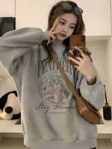 American Vintage FEATHERY Angel Badge Print Heather Grey Crew Neck Sweatshirt, Oversized Loose Drop Shoulder Casual Pullover Top Untuk Musim Gugur/Dingin - Light Grey - View 4