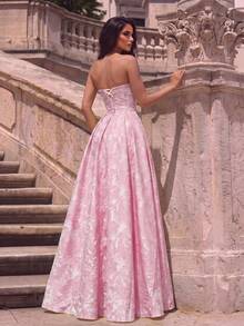 Elegant Strapless Heart-Shaped Neckline Long Dress: Jacquard Fitted Bodice A-Line Skirt With High Slit Design. Suitable For Photography And Beach. - Pink - View 2