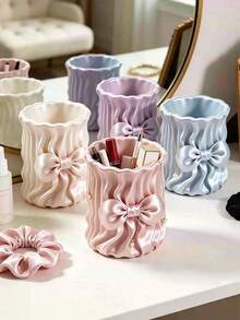 1pc Ins Style Bow Satin Makeup Brush Holder, Girly Desktop Makeup Storage Bucket - Multicolor - View 4