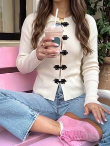 Women's Fashion Knit Cardigan Long Sleeve Double-Breasted Sweater - Off White - View 7