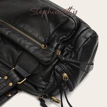 STEPHIECATHY Solid Color Washed Soft PU Faux Leather, Zipper Closure, Multi-Pocket Design, Dual Short Shoulder Straps, Adjustable Waist Belt, Unisex, Retro Casual Practical, Suitable For School & Daily Commute - Black - View 4
