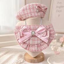 Pet Beret Hat And Bib Set, Suitable For Cats And Small Dogs, Pink And White Tweed Beret Hat With Bow And Rhinestone Details, Adjustable Pet Bib With Large Bow, Birthday Party Photo Props And Daily Wear Accessories - Multicolor - View 3