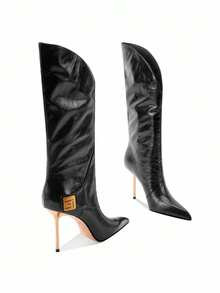 Women's Tall Boots, European And American New Style, Leather Pointed Toe High Heel Long Boots, Thin Heel Riding Boots, Winter - Black - View 2