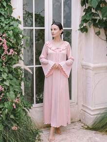 1pc Women's Pink French Style Ruffle Drawstring Bell Sleeve Long Nightgown, Loungewear Dress, Can Be Worn Outdoors, Long Dress - Pink - View 5