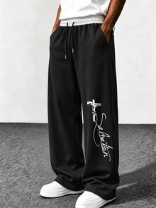 Spring/Autumn American Style Faux Double Layer Waist Wide Leg Sweatpants Men's Loose Straight Leg Drape High Street Solid Color Casual Long Pants - Black - View 2