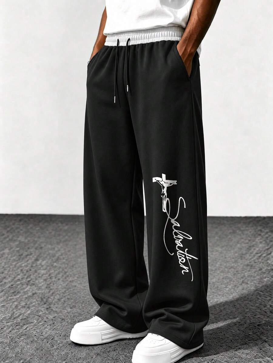 Spring/Autumn American Style Faux Double Layer Waist Wide Leg Sweatpants Men's Loose Straight Leg Drape High Street Solid Color Casual Long Pants - Black - View 1