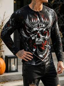 Men's Autumn/Winter Fashion Versatile Halloween Dark Skull Button Long Sleeve T-Shirt - Multicolor - View 4