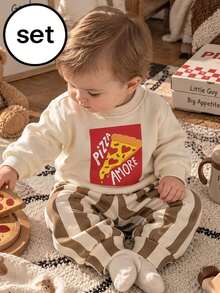 2pcs/Set Baby Toddler Boys Warm Fleece Lined Thick Crew Neck Sweatshirt + Long Pants, Autumn/Winter Outfit, Can Be Worn As Base Layer Or Outerwear, Casual Street Style Daily Wear, Versatile And Easy To Match - Apricot - View 1