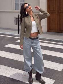 Khaki Stand Collar Double-Breasted Short Jacket, Women's Vintage Slim Fit Outerwear, Suitable For Daily Wear - Khaki - View 7