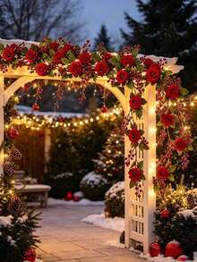 2pcs/Set Christmas Wedding Artificial Red Berry Rose Vine, Suitable For Wedding, Christmas, Anniversary, Proposal, Romantic Holiday Decoration, Party Backdrop Arrangement - Multicolor - View 9