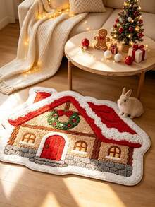 1pc Gingerbread House Shaped Christmas Cute Decorative Rug, Warm And Soft Decorative Floor Mat, Perfect For Daily Home And Holiday Decor, Decorative Rug, Bedroom Decor, Small Rug, Rug, Home Decor, Living Room Rug, Living Room Small Rug, Bedroom Rug, Living Room Home Decor, Outdoor Rug, Washable Rug - Multicolor - View 1