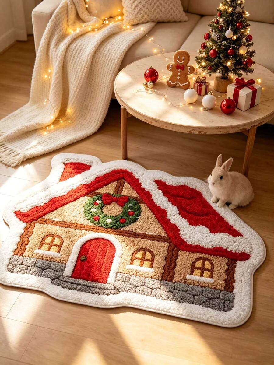 1pc Gingerbread House Shaped Christmas Cute Decorative Rug, Warm And Soft Decorative Floor Mat, Perfect For Daily Home And Holiday Decor, Decorative Rug, Bedroom Decor, Small Rug, Rug, Home Decor, Living Room Rug, Living Room Small Rug, Bedroom Rug, Living Room Home Decor, Outdoor Rug, Washable Rug - Multicolor - View 1