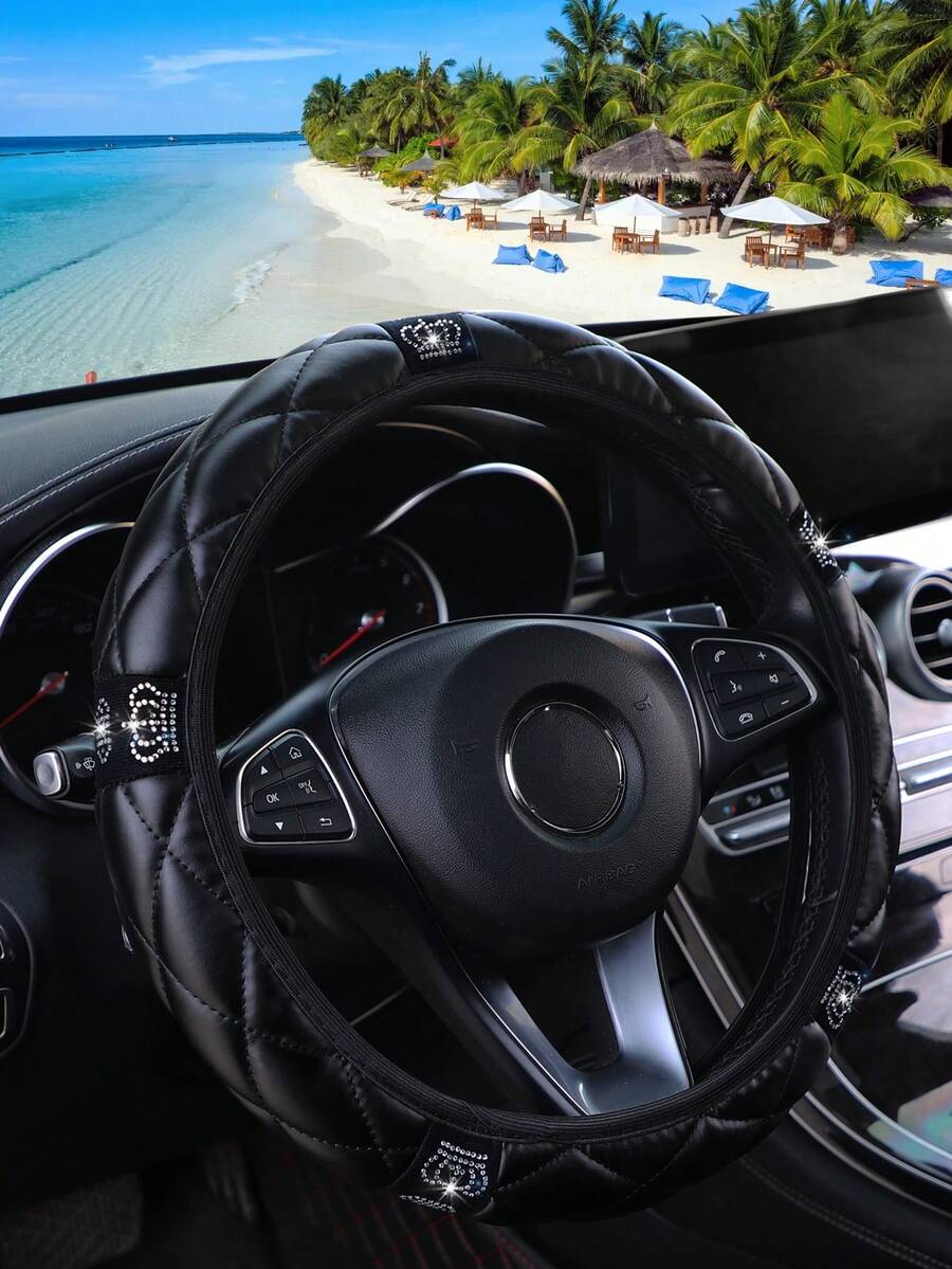 MEIKAXIU 1pc Comfortable Artificial Sheepskin Rhinestone Crown Bling Bling Shiny Car Steering Wheel Cover Without Inner Ring, Suitable For 14.5-15 Inch Car Interior Accessories - Soft Leather Crown - View 1