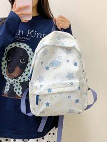 Colorful Star Print Backpack + Large Capacity Lightweight + Teen School Daily + White Cute Preppy Aesthetic Backpack - Multicolor - View 5