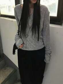 Women's Autumn V-Neck Casual Loose Pullover Top With Button Cuffs - Grey - View 4