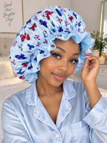 CONFLASS Women Cute Butterfly Print Satin Sleep Bonnet, Elastic Ruffle Edge Silky Smooth Night Hair Cap,Breathable Comfort Sleeping Bonnet Specially For Curly, Natural, Braided, Long Hair, Fit For All Hair Types Home Bedroom Hair Accessories For Ladies - Multicolor - View 4