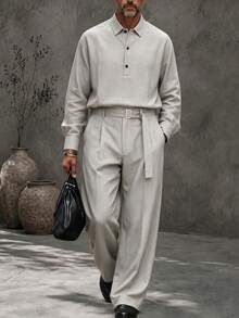GOLDREDY New Chinese Style Men's Long Sleeve Shirt & Loose Straight Leg Pants 2 Pieces Set, Half-Open Collar Casual - Grey - View 1