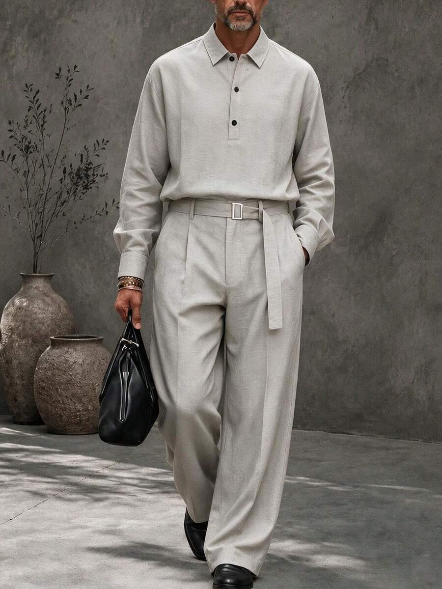 GOLDREDY New Chinese Style Men's Long Sleeve Shirt & Loose Straight Leg Pants 2 Pieces Set, Half-Open Collar Casual - Grey - View 1