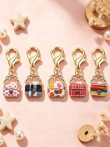 5/10 buah Gantungan Kunci Tas Mini Paduan Logam, Motif Leopard, Motif Bunga, Motif Kotak-kotak, Motif Pelangi, Liontin Jepit Lobster, Aksesoris DIY untuk Perempuan - MultiWarna - View 5