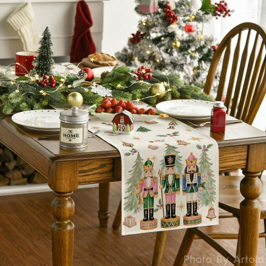 1pc Nutcracker Christmas Table Runner, 33*183cm/33*275cm Seasonal Kitchen Dining Table Decor, Christmas Party Gathering Decoration, Christmas Home Decor - Multicolor - View 1