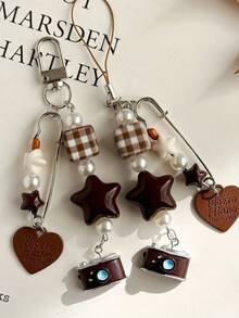 1pc Engraved Heart Pendant Mini Camera Phone Charm, Vintage Coffee Color Handmade Beaded Keychain Bag Pendant - Brown - View 2