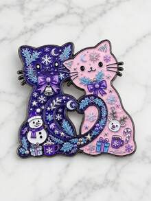 Christmas Theme Double Cat Design Brooch, Cute Snowflake Snowman Reindeer Gift Box Decorative Accessory, Holiday Outfit Backpack Coat Decoration Brooch Gift - A - View 10