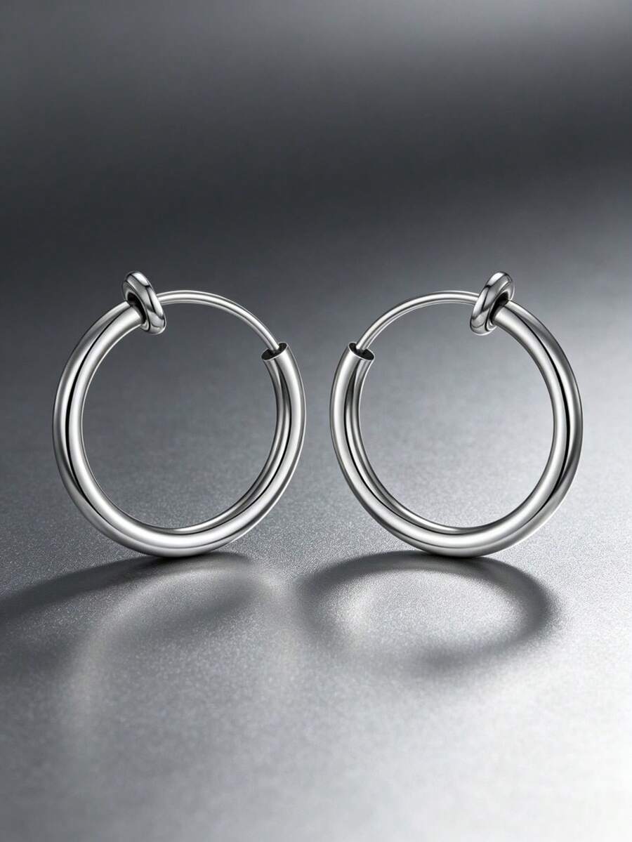 1 par estilo punk unisex invisible clip en Pendientes de tachuela sin perforación , resorte Clip tornillo falso Cuff de oreja - Plateado - Ver 1