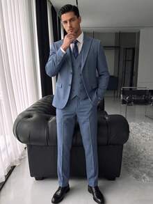 Men's Spring/Autumn Formal Suit Vest, Pants, Jacket Set, Casual Fashion Design, Casual Daily Wear Suit Vest, Trousers 3 Pieces Set - Blue - View 4