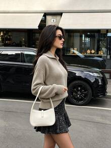 NOVELLE Women's Minimalist Commute Half Zip Knit Sweater, Big Lapel Drop Shoulder Loose Relaxed, Autumn Winter, For School, Dating And Parties - Grey - View 5
