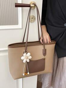 Fashionable Large Capacity Tote Bag Minimalist Solid Color Shoulder Handbag With Cute Sun Charm Soft PU Leather Commuter Shopper Bag - Khaki - View 6