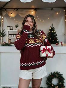 Plus Size Women's Christmas Gingerbread Man Cable Sweater, Vintage Loose Crew Neck Cable Knit Lazy Knit Top - Red - View 1