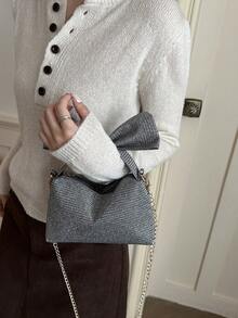 Glossy Bow Evening Clutch, Party Handbag, Wristlet, Shoulder Crossbody Bag - Grey - View 4