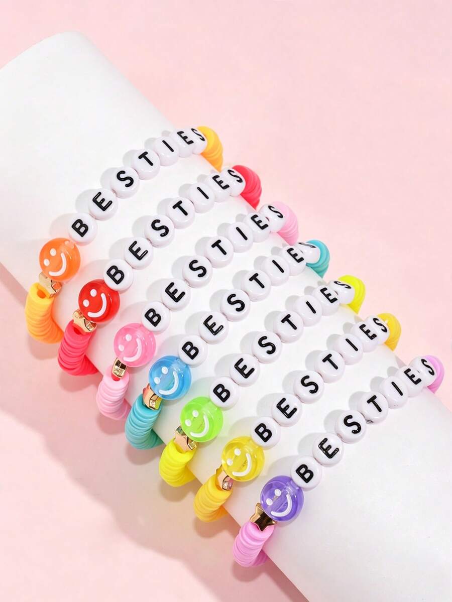 7pcs/Set Cute Smiling Face Letter Beaded Children's Bracelet Set, Colorful Elastic Stackable Bracelets, Sweet Girls Party Holiday Gift - Multicolor - View 1